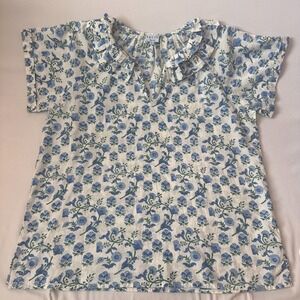 Saule Parc Floral Ruffle Top Shirt Size Large Blue White Cottagecore Peasant